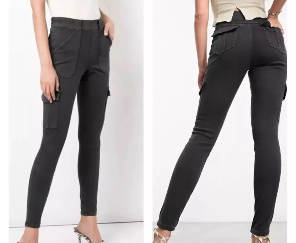 Spanx Womens Medium Black Stretch Twill Ankle Pull-On Cargo Pants Utility
